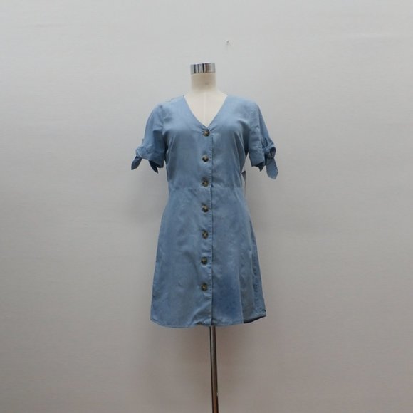 Tresics Dresses & Skirts - Soft Denim Button Down Dress with Tied Bow on Sleeves